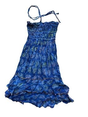 Blue Smocked Tropical Print Sundress